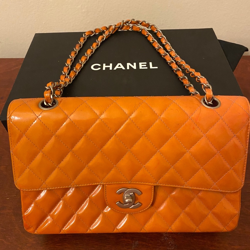 Chanel double flap classic bag in patent orange
